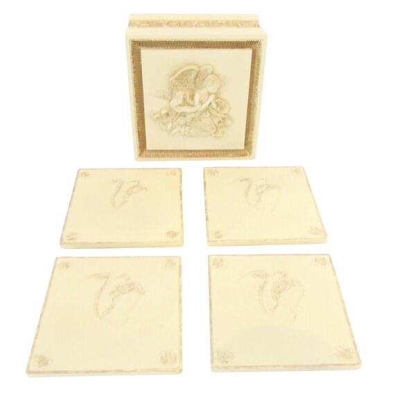 Angelic Coasters In Trinket Box In 3-D Praying Angel Lid Resin Box Set 4 - Picture 1 of 7